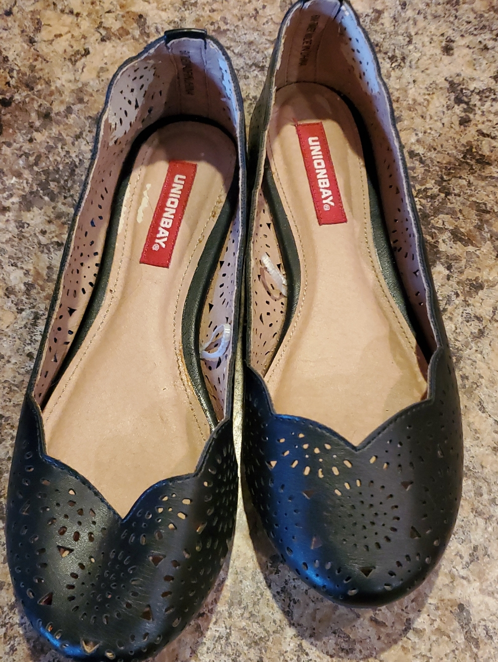 UNIONBAY Black Perforated Scallop-Edge Ballet Flats